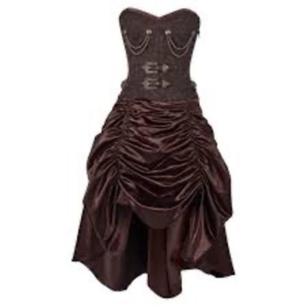 Brown Steampunk Corset‎ High Low Dress Jacquard Buckle Chain Detail Cosplay
